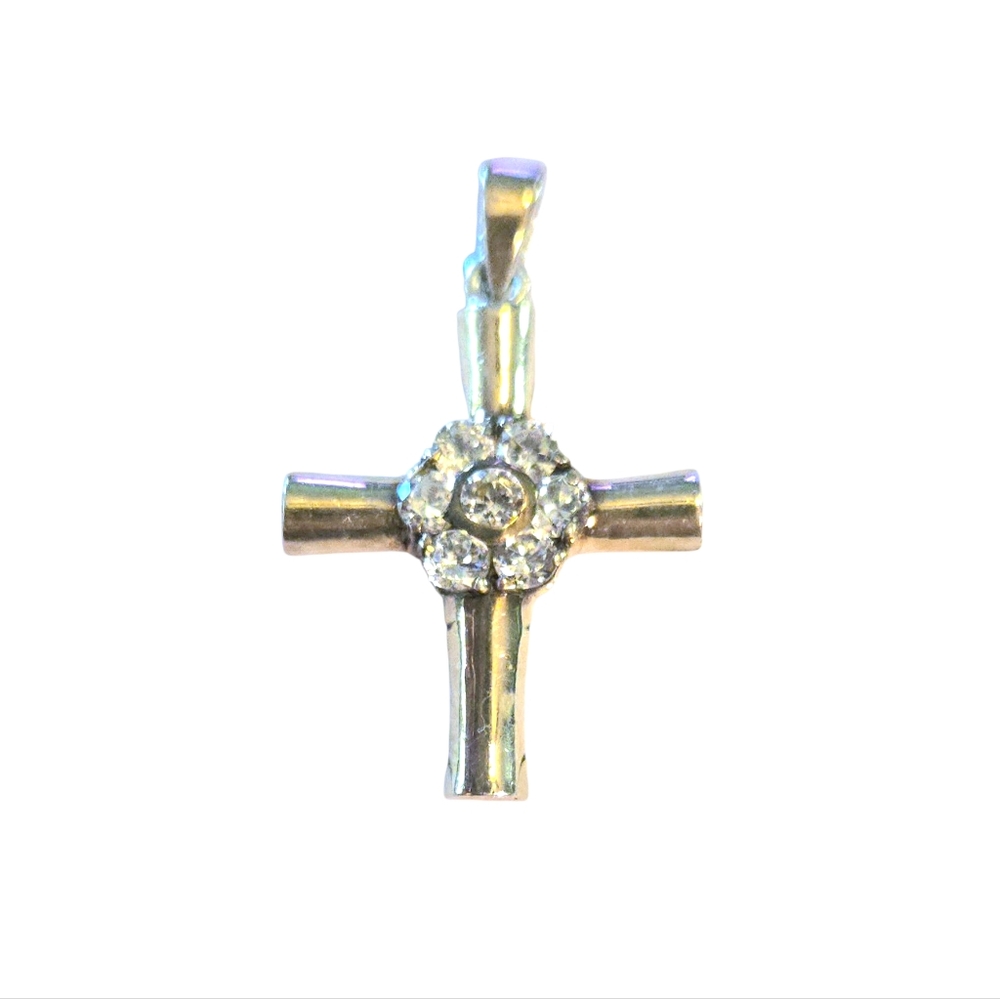 Vintage 925 Sterling Silver Clustered CZ Crystal Cross Pendant 1.25"X0.75" READ - Picture 2 of 8